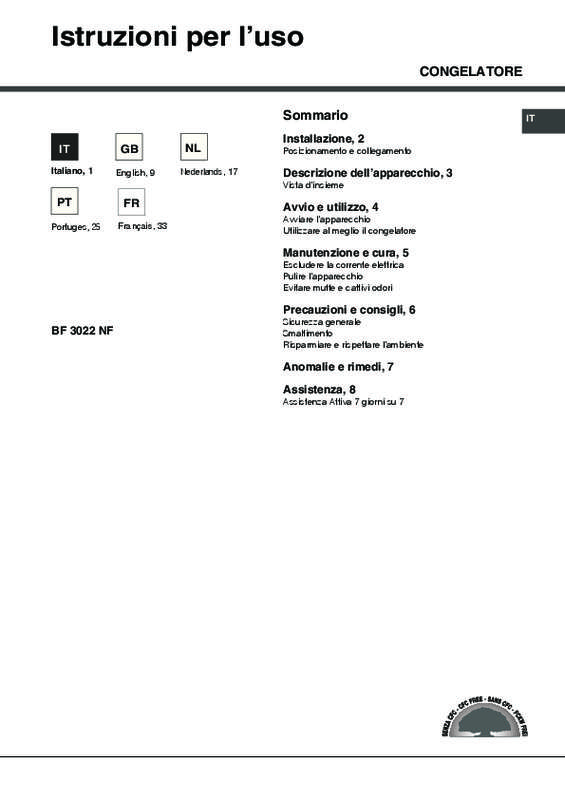 Guide utilisation HOTPOINT-ARISTON BF3022NF de la marque HOTPOINT-ARISTON