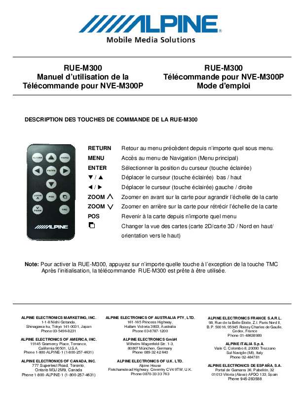 Guide utilisation ALPINE RUE-M300  de la marque ALPINE