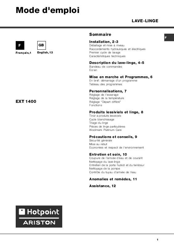 Guide utilisation HOTPOINT-ARISTON EXT 1400 de la marque HOTPOINT-ARISTON