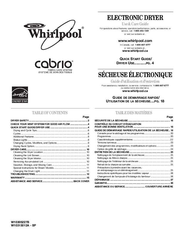 Guide utilisation  WHIRLPOOL WED7800XW  de la marque WHIRLPOOL