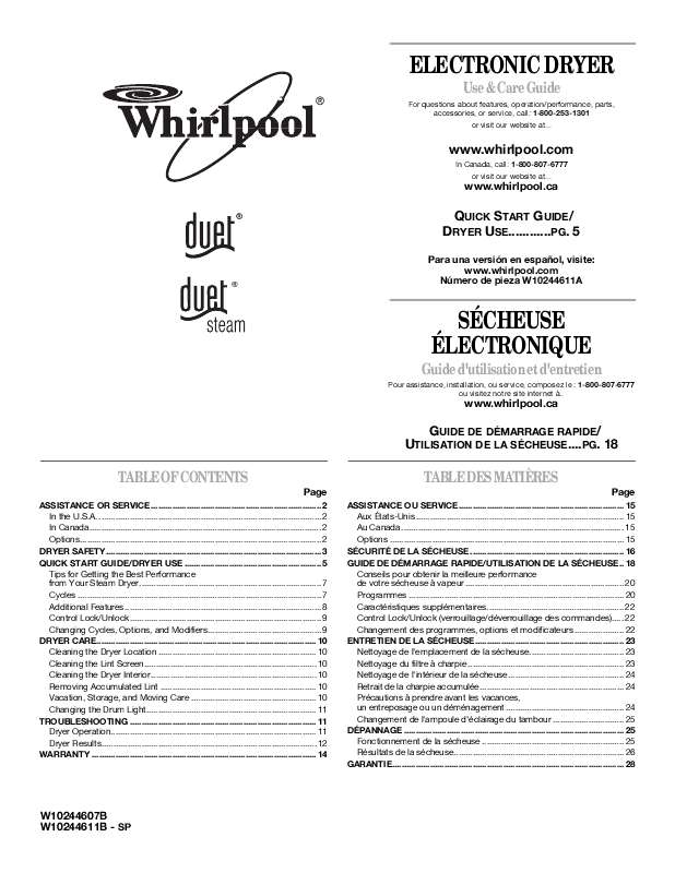 Guide utilisation  WHIRLPOOL WED9470WR  de la marque WHIRLPOOL