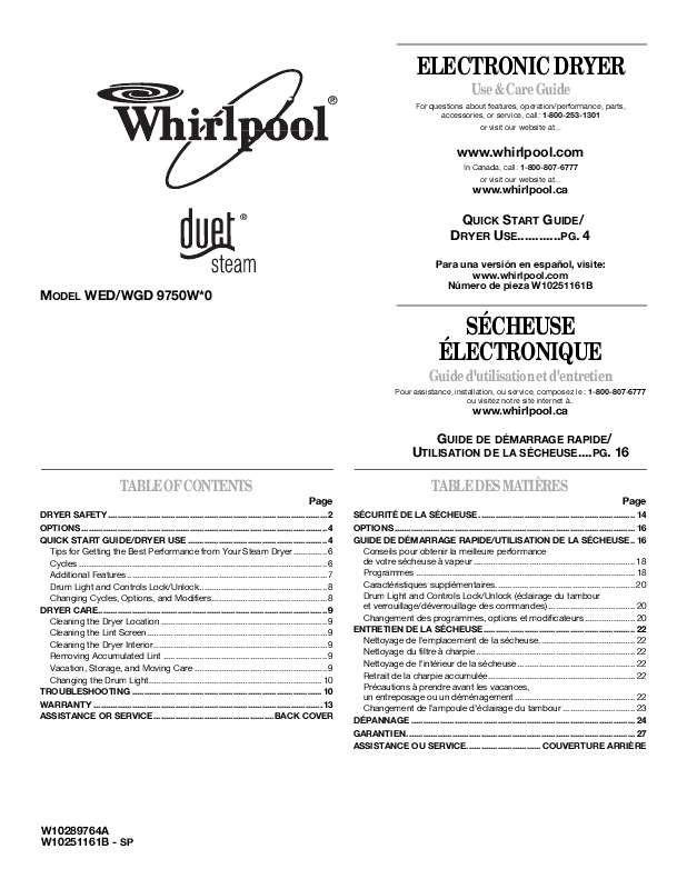 Guide utilisation  WHIRLPOOL WED9750W  de la marque WHIRLPOOL