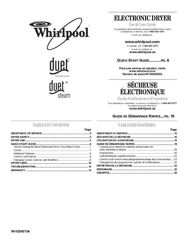 Guide utilisation  WHIRLPOOL WED9750WW  de la marque WHIRLPOOL