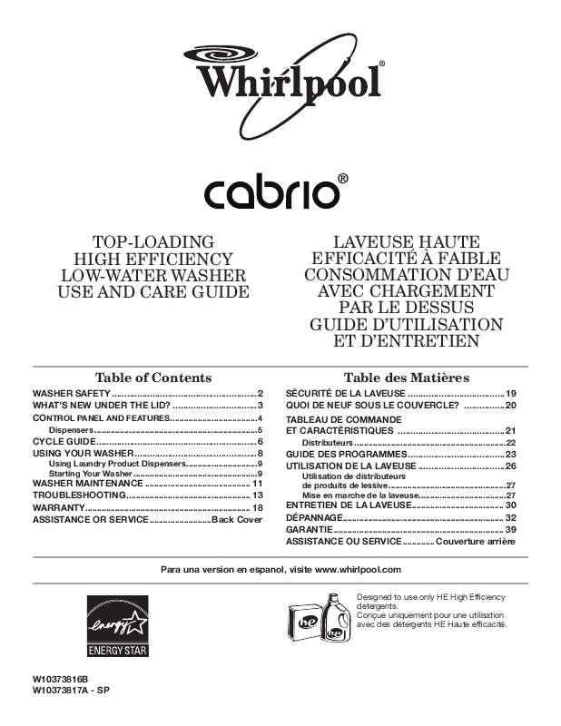 Guide utilisation  WHIRLPOOL CABRIO  de la marque WHIRLPOOL