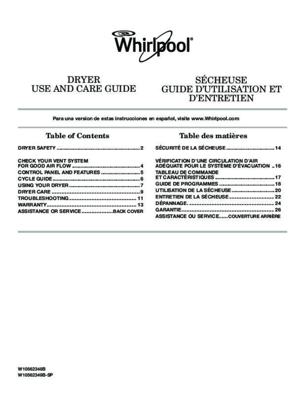 Guide utilisation WHIRLPOOL WED5810BW  de la marque WHIRLPOOL