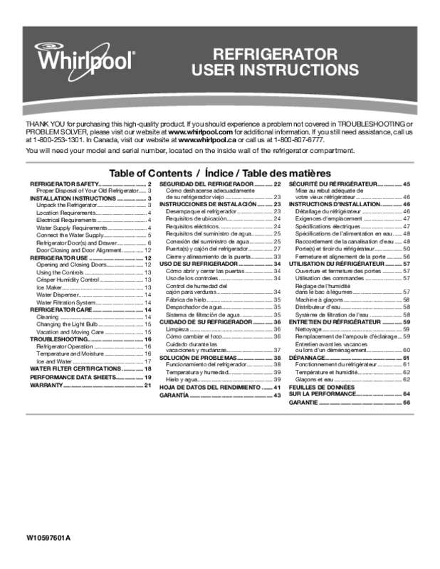 Guide utilisation WHIRLPOOL WRF535SMBM de la marque WHIRLPOOL
