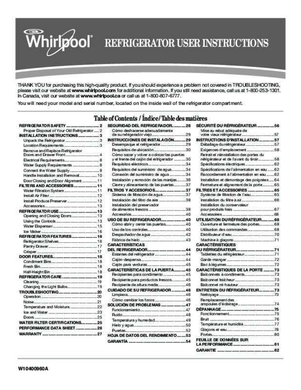 Guide utilisation WHIRLPOOL WRF560SEYW de la marque WHIRLPOOL