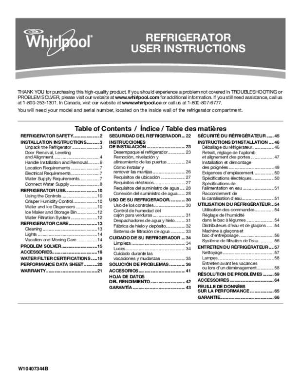 Guide utilisation WHIRLPOOL WRS325FDAM de la marque WHIRLPOOL