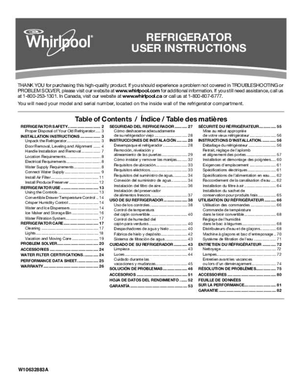 Guide utilisation WHIRLPOOL WRS571CIDM  - USE & CARE GUIDE de la marque WHIRLPOOL