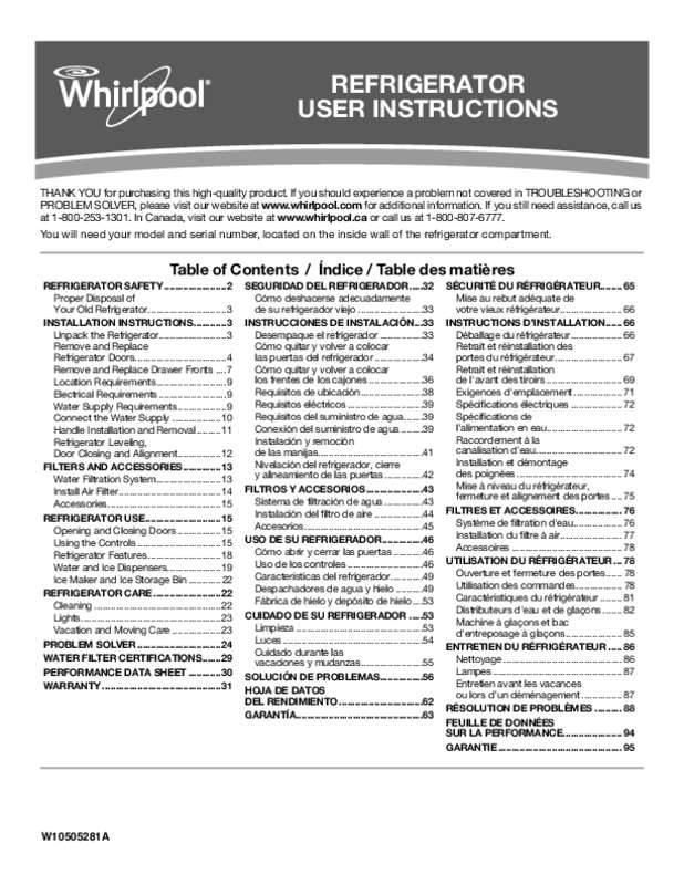 Guide utilisation WHIRLPOOL WRX988SIBM de la marque WHIRLPOOL
