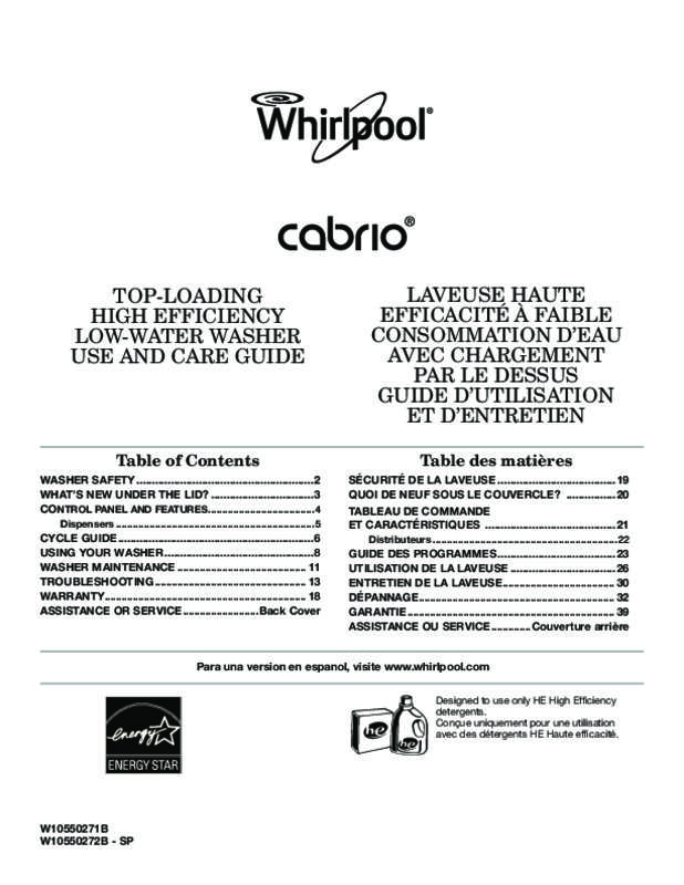 Guide utilisation WHIRLPOOL WTW8100BW  de la marque WHIRLPOOL