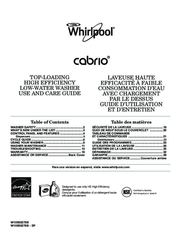 Guide utilisation WHIRLPOOL WTW8900BC  de la marque WHIRLPOOL