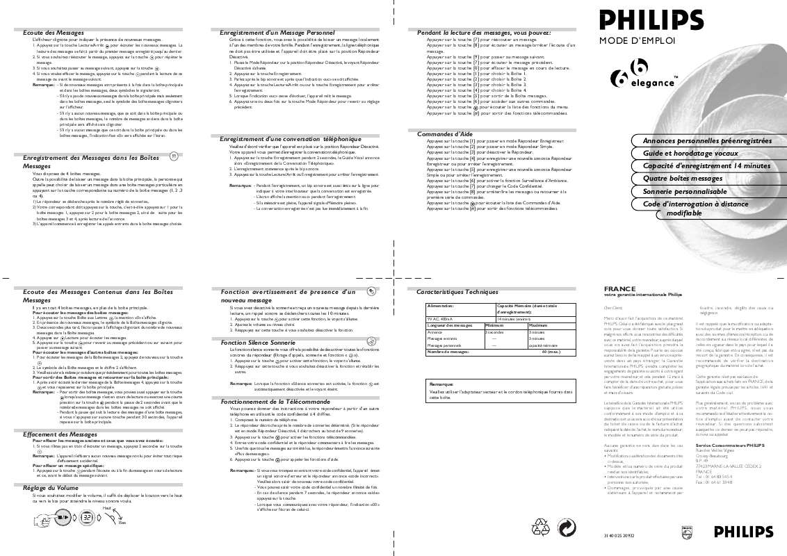Guide utilisation  PHILIPS ELEGANCE 66  de la marque PHILIPS