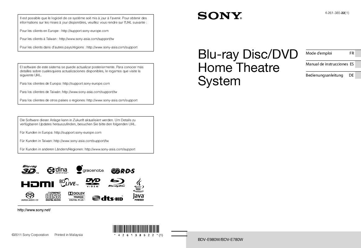 Guide utilisation  SONY BDV-E980W  de la marque SONY
