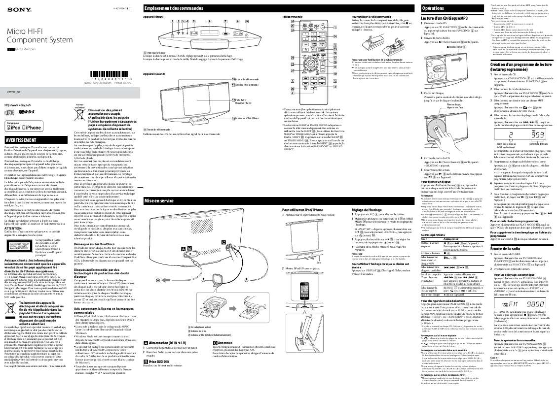 Guide utilisation SONY CMT-V10IP  de la marque SONY