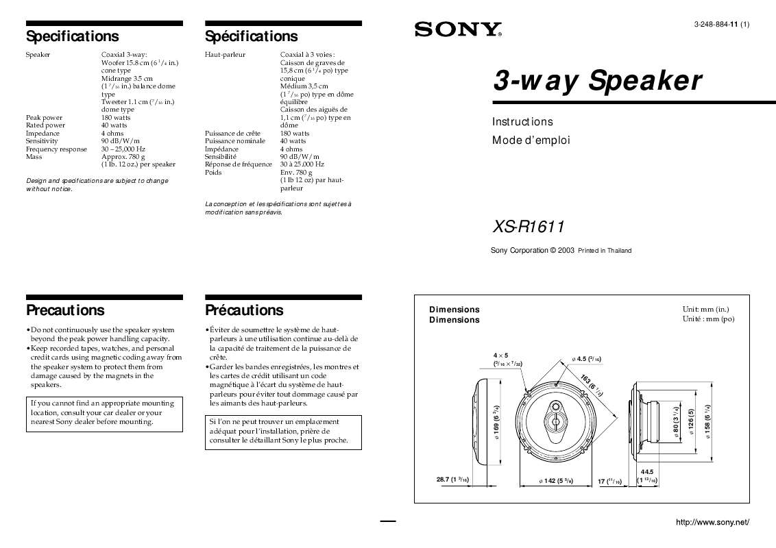 Guide utilisation SONY XS-R1611  de la marque SONY