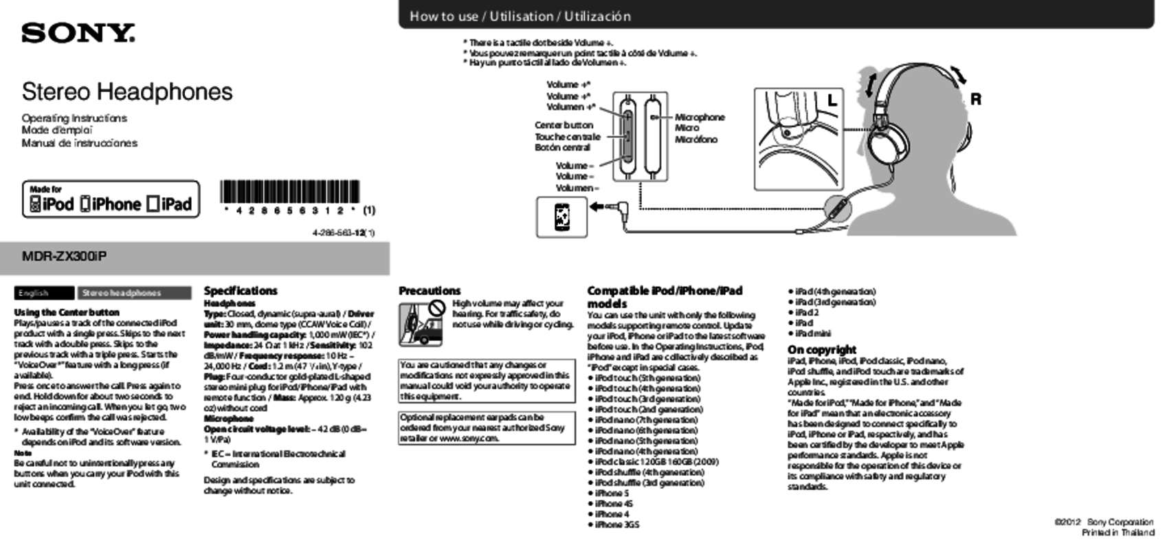 Guide utilisation SONY MDR-ZX300IP  de la marque SONY