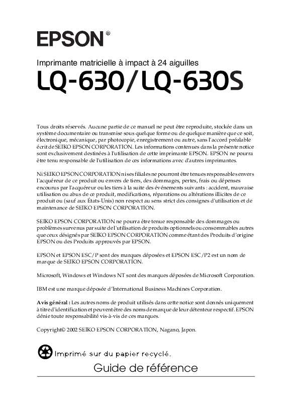 Guide utilisation EPSON LQ-630  de la marque EPSON