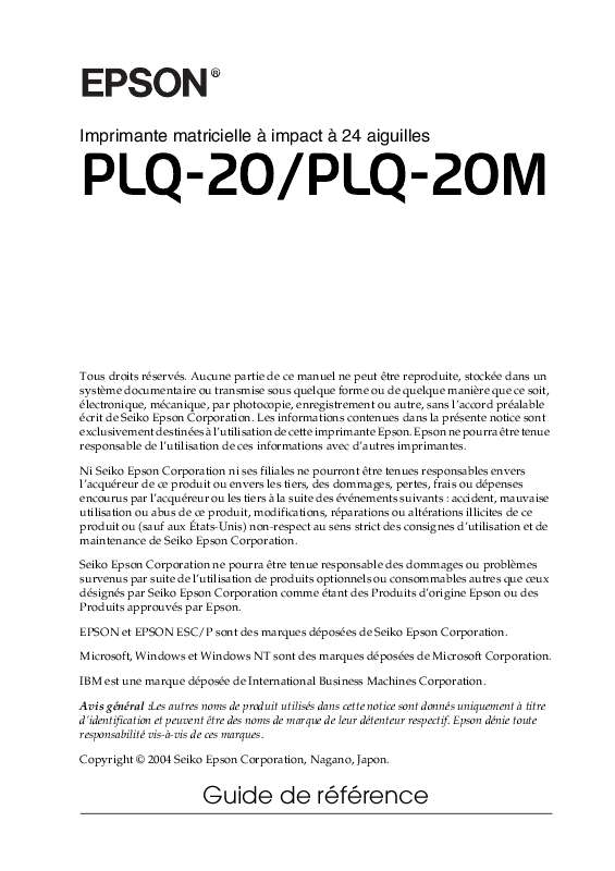 Guide utilisation EPSON PLQ-20  de la marque EPSON