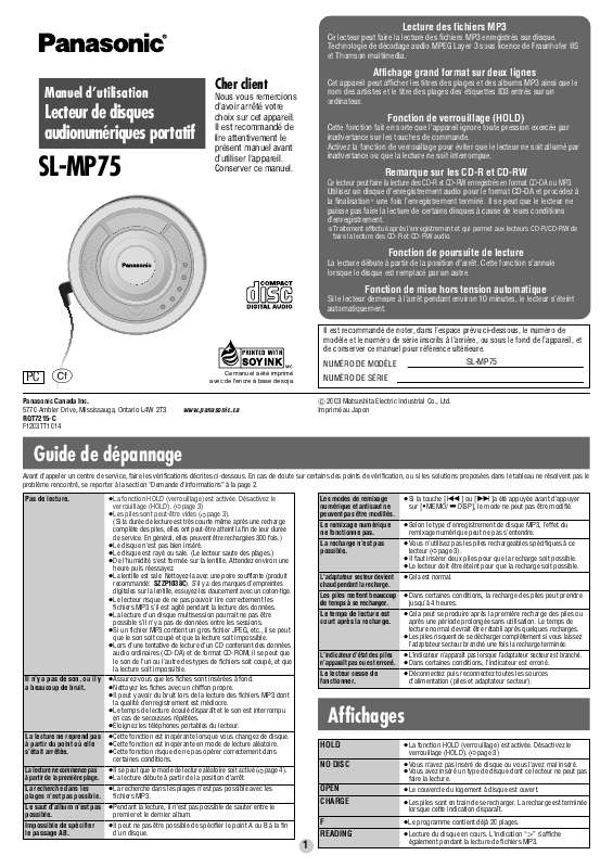 Guide utilisation PANASONIC SL-MP75  de la marque PANASONIC
