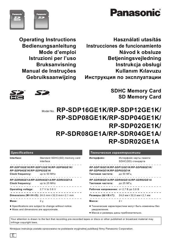 Guide utilisation PANASONIC RP-SDP02GE1K  de la marque PANASONIC
