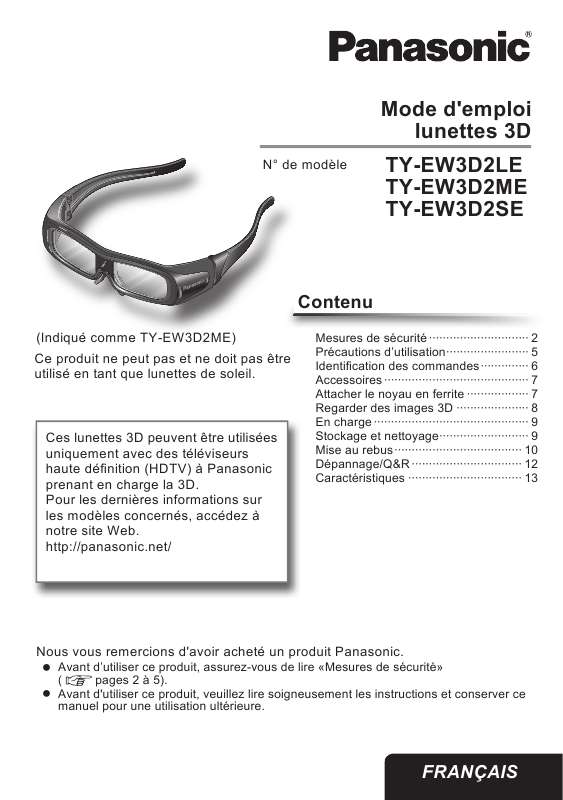 Guide utilisation PANASONIC TY-EW3D2LE  de la marque PANASONIC
