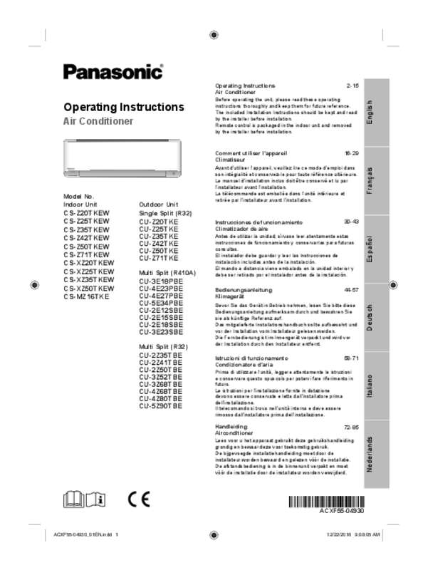 Guide utilisation PANASONIC CSXZ20TKEW  de la marque PANASONIC