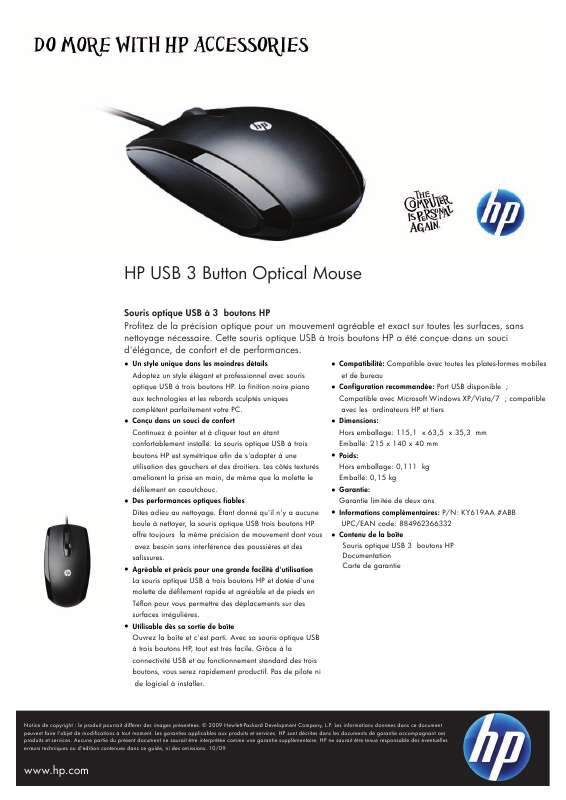 Guide utilisation HP USB 3 BUTTON OPTICAL MOUSE  de la marque HP