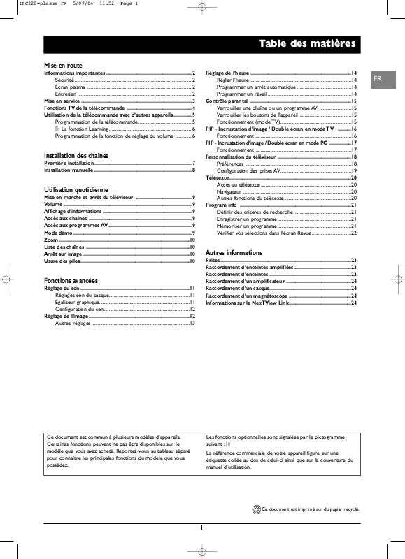 Guide utilisation  THOMSON PLASMA-IFC228  de la marque THOMSON