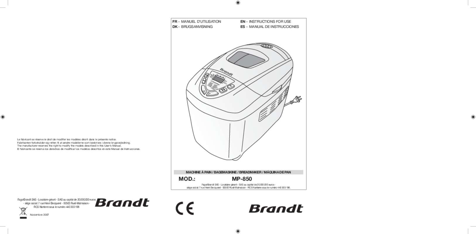 Guide utilisation BRANDT MP850 de la marque BRANDT