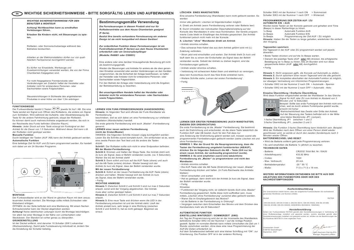 Guide utilisation  CHAMBERLAIN RA7524  de la marque CHAMBERLAIN