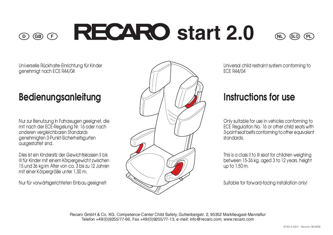 Guide utilisation RECARO START 2.0  de la marque RECARO