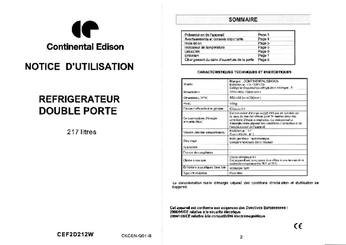 Guide utilisation CONTINENTAL EDISON F2D212W  de la marque CONTINENTAL EDISON