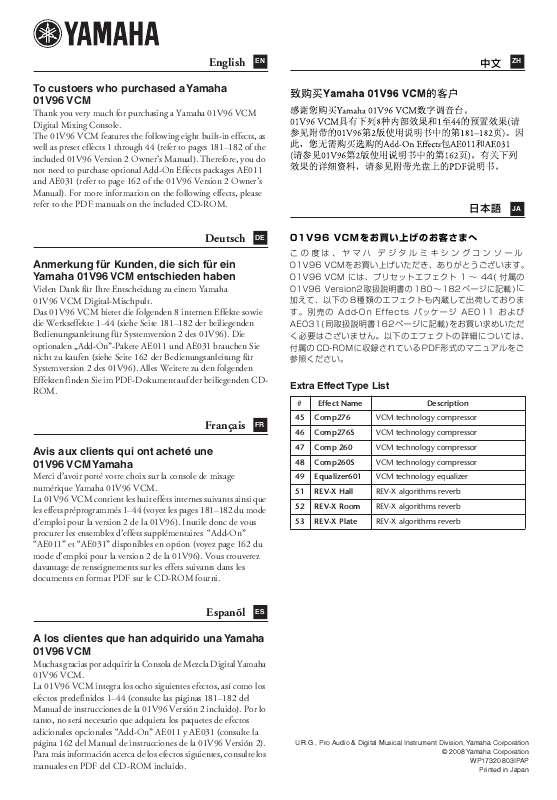 Guide utilisation YAMAHA 01V96-VCM  de la marque YAMAHA