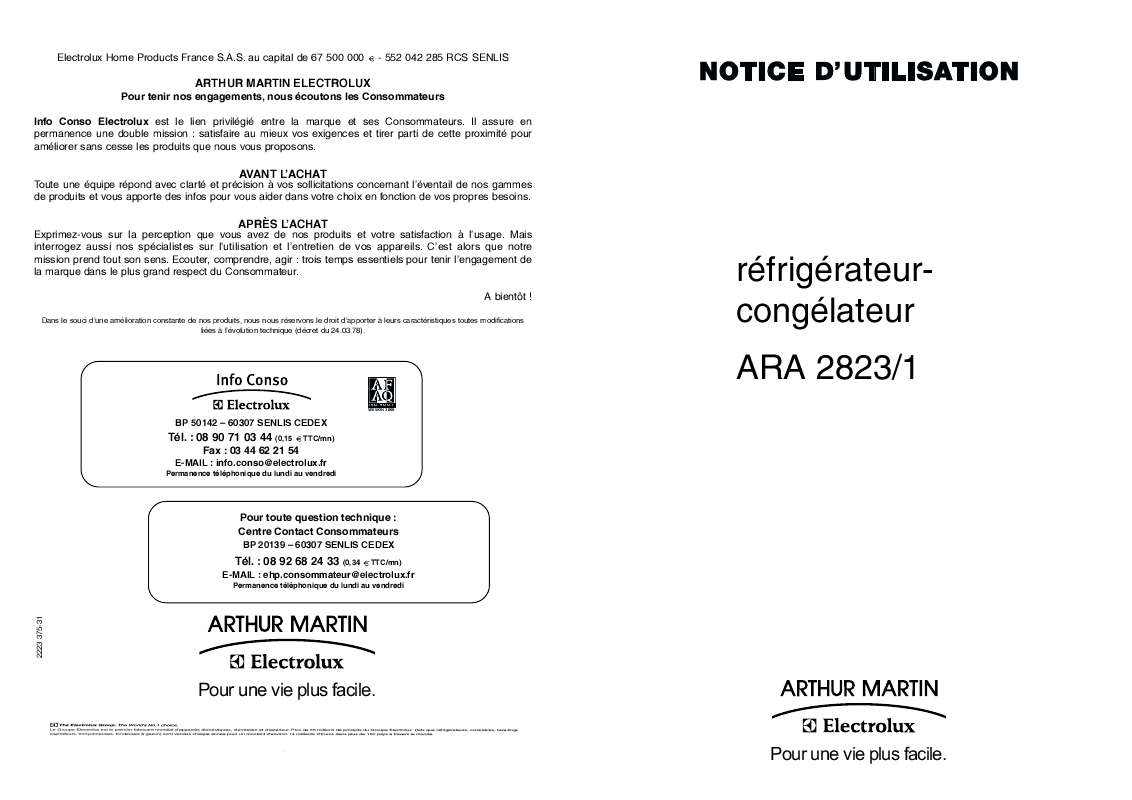 Guide utilisation ARTHUR MARTIN ARA2823-1  de la marque ARTHUR MARTIN
