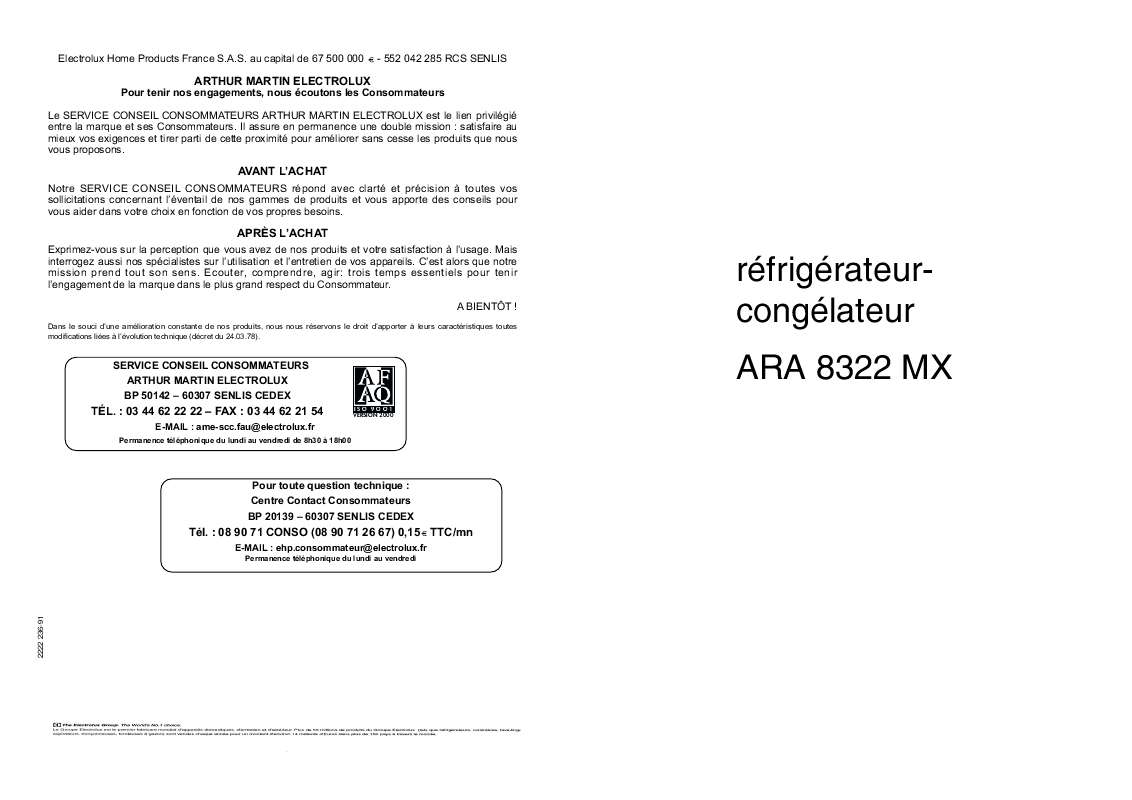 Guide utilisation ARTHUR MARTIN ARA8322MX  de la marque ARTHUR MARTIN