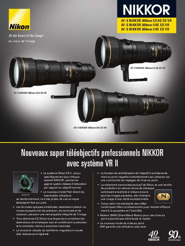 Guide utilisation  NIKON 400MM F2.8G ED VR AF-S NIKKOR  de la marque NIKON