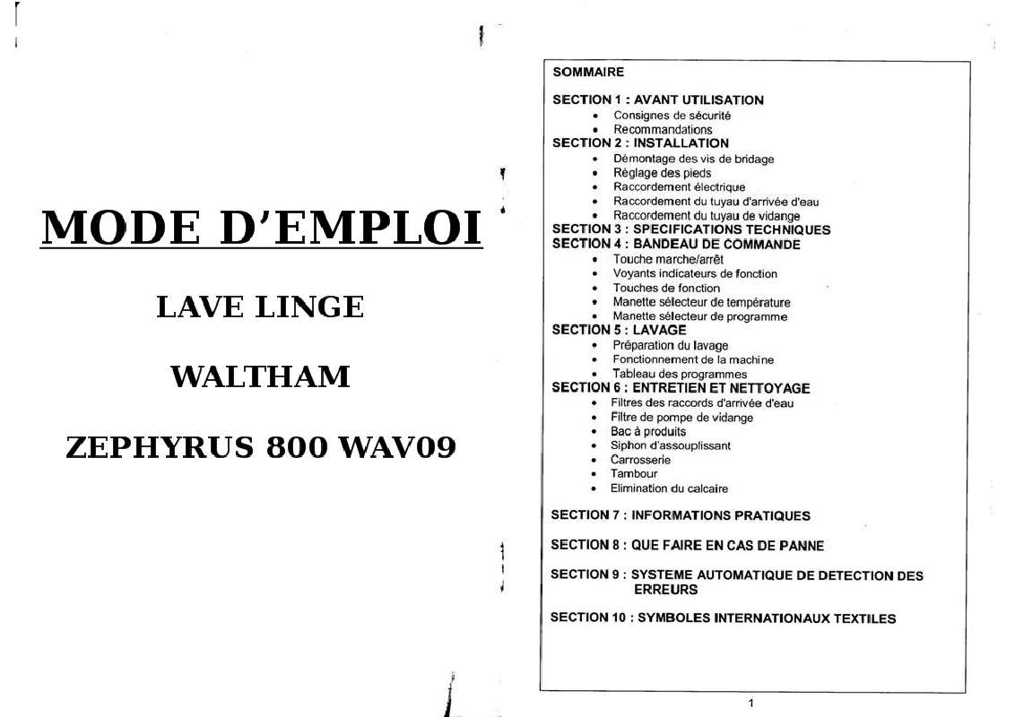 Guide utilisation WALTHAM ZEPHYRUS 800 WAV09  de la marque WALTHAM