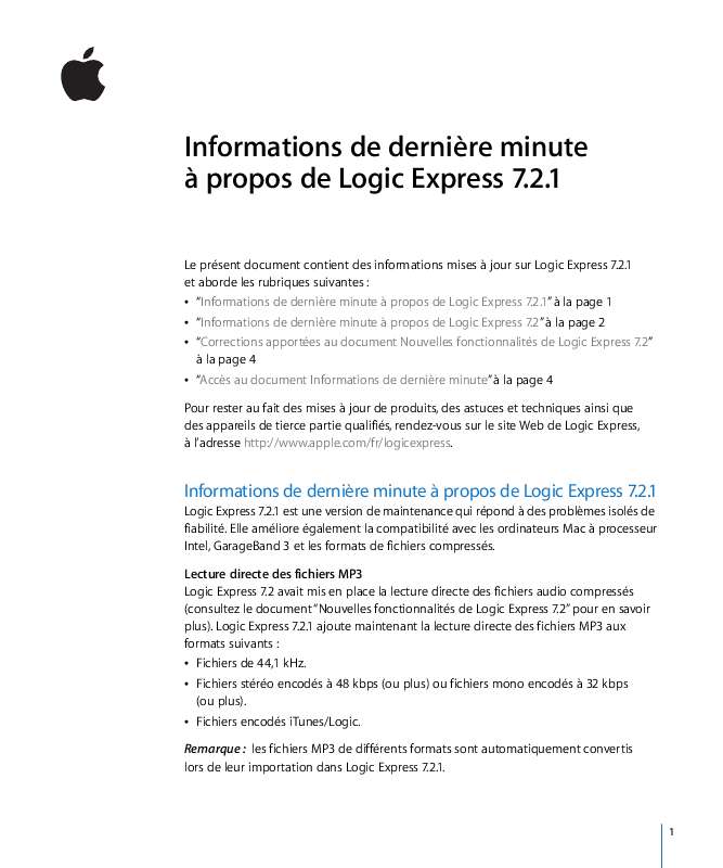 Guide utilisation APPLE LOGIC EXPRESS 7.2.1  de la marque APPLE