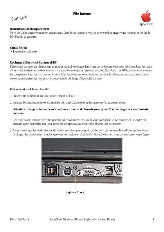 Guide utilisation APPLE POWERBOOK G3 (BRONZE KEYBOARD)  de la marque APPLE