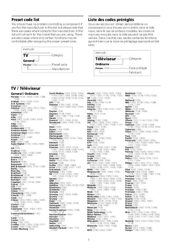 Guide utilisation  PIONEER SC-25 PRESET CODE LIST  de la marque PIONEER