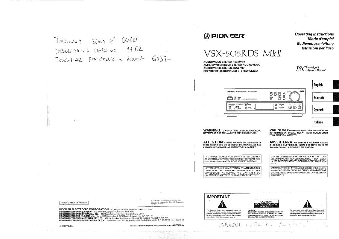 Guide utilisation PIONEER VSX-505RDS MHII  de la marque PIONEER