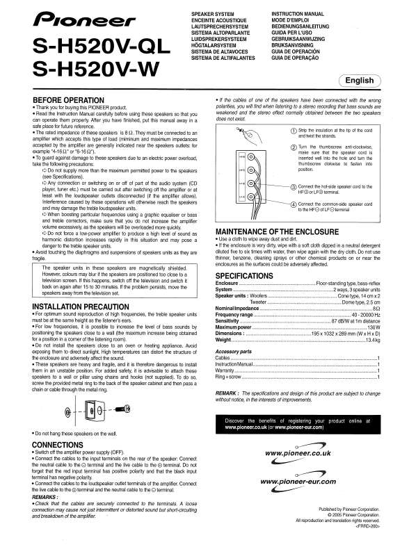 Guide utilisation  PIONEER S-H520V-W  de la marque PIONEER