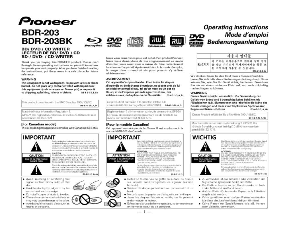 Guide utilisation  PIONEER BDR-203BK  de la marque PIONEER