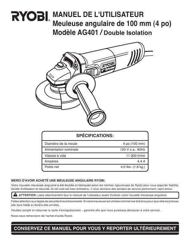 Guide utilisation  RYOBI AG401  de la marque RYOBI