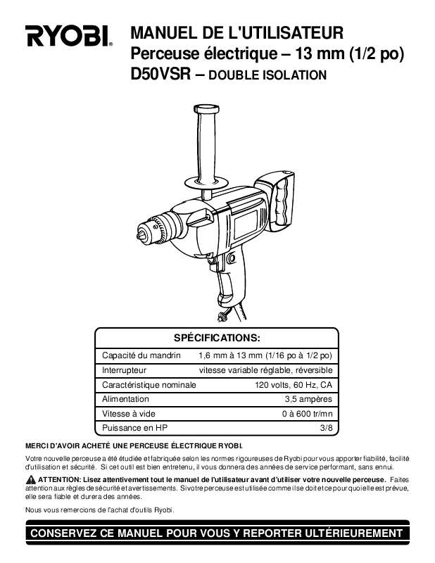 Guide utilisation  RYOBI D50VSR  de la marque RYOBI