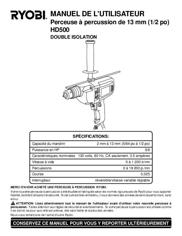 Guide utilisation  RYOBI HD500  de la marque RYOBI