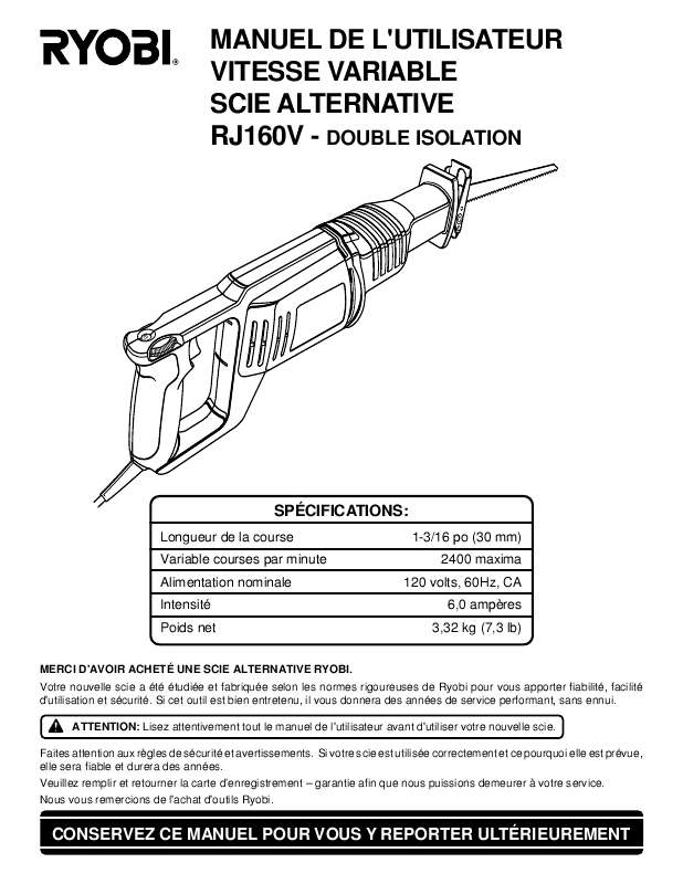 Guide utilisation  RYOBI RJ160V  de la marque RYOBI