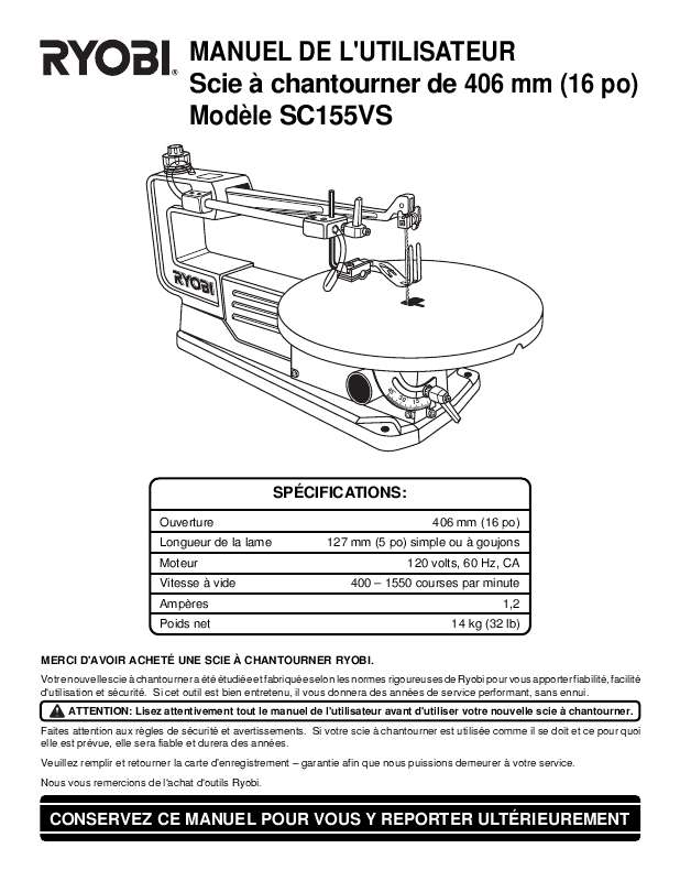 Guide utilisation  RYOBI SC155VS  de la marque RYOBI