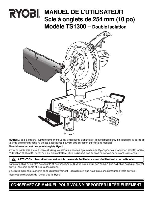 Guide utilisation  RYOBI TS1300  de la marque RYOBI